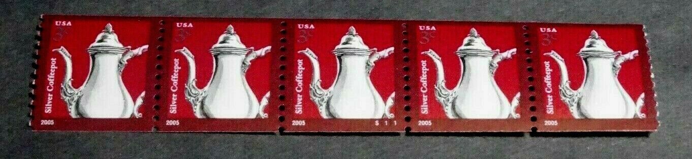 3759 Silver Coffeepot Coil Strip Of (5) 3 Cent Stamps Plate# S1111 2005 Date