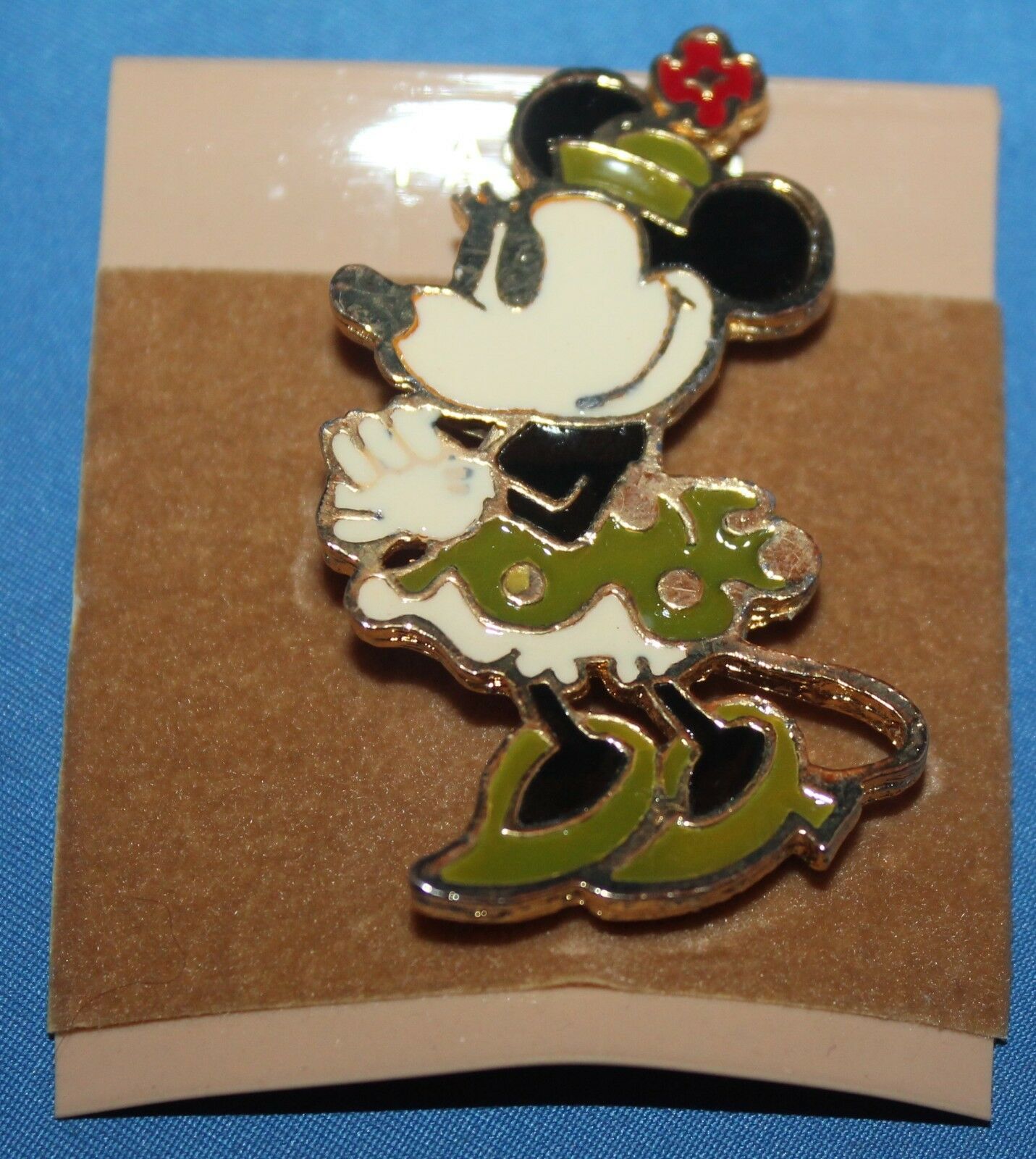 Rare Vintage Disney Green Dress Minnie Mouse Hinged Pin Back 2"
