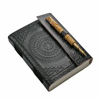 Shop Lc Black Handmade Paper Notebook With Genuine Leather Cover 7x5" Wooden Pen