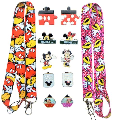 Mickey And Minnie Couples Lanyard Set W/ 10 Disney Park Trading Pins ~ Brand New