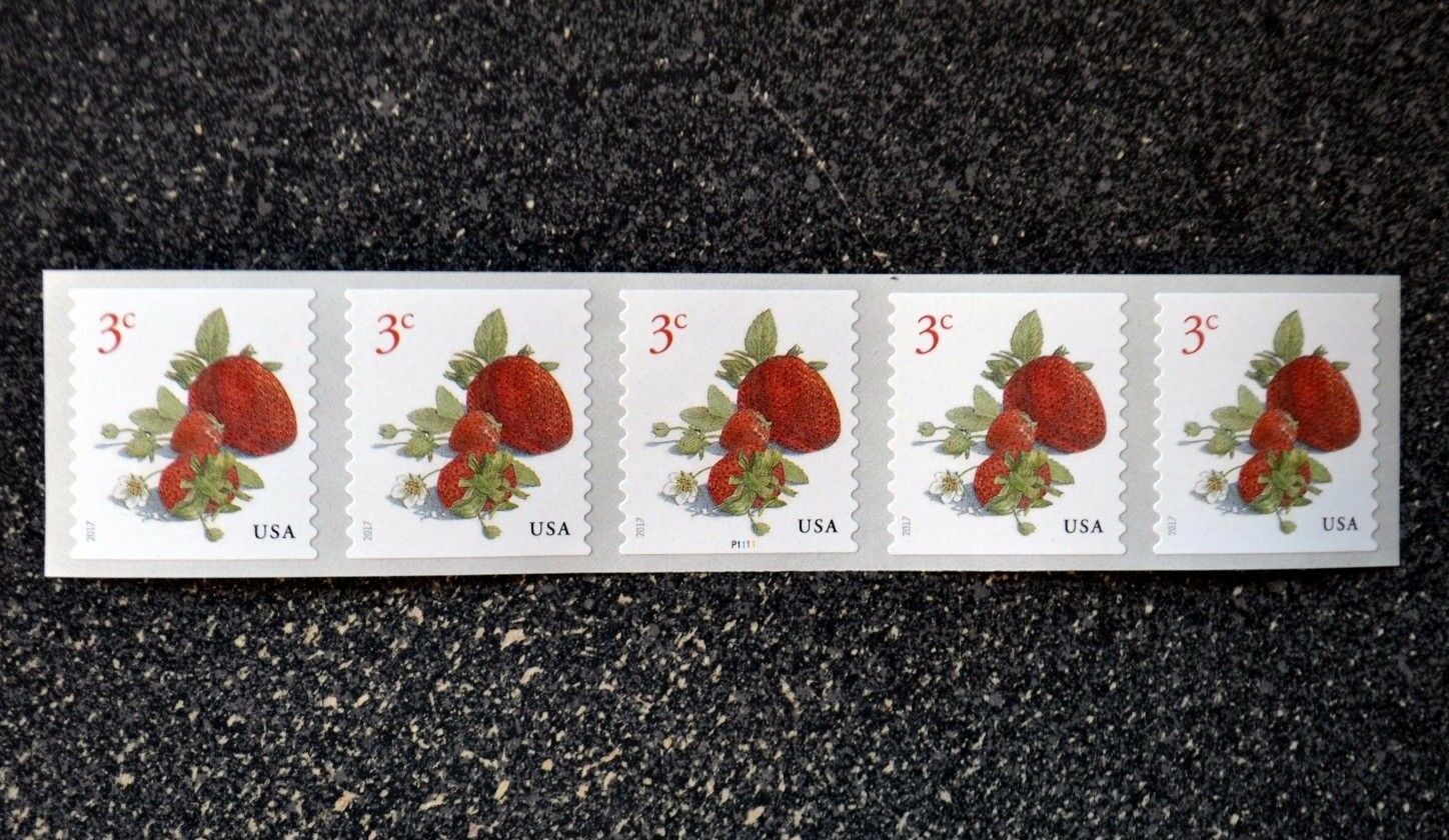 2017usa #5201 3c Strawberries - Plate Number Coil Strip Of 5 - Pnc Mint
