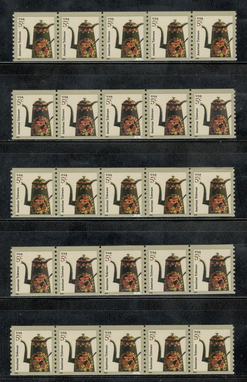 3612 Toleware Coffeepot 5 Pnc Strips Of 5 Mint/nh Free Shipping