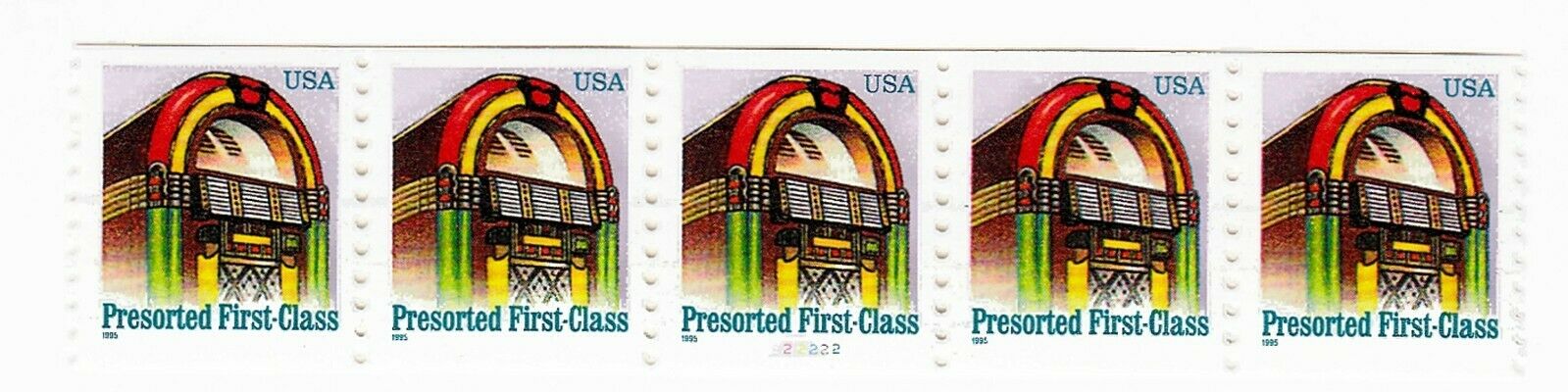 Scott Stamp # 2911, Presorted First Class, Juke Box,  Strip Of 5  Plate # 222222