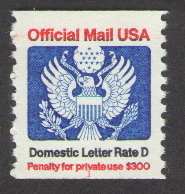 Us. O139. (22c). D Rate Eagle Official Mail Coil Single, Pl#1. Mnh. 1988