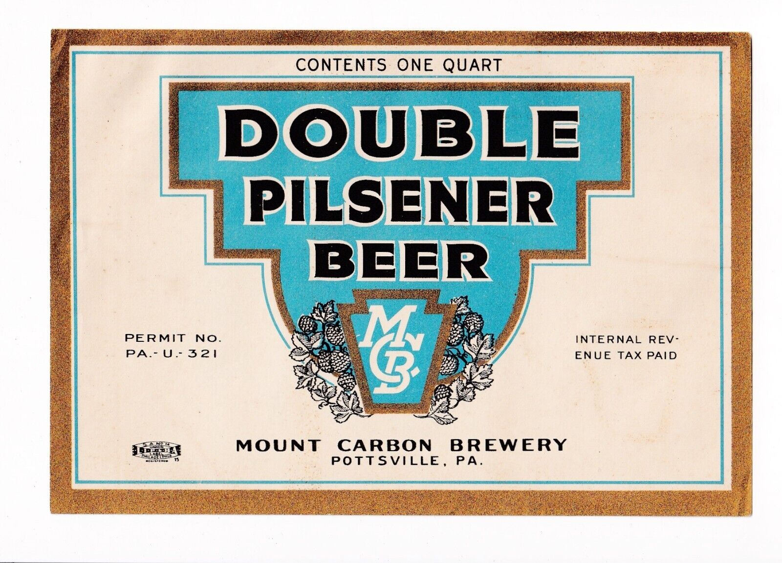 1933 Mount Carbon Brewery Pottsville Pa Double Pilsener U-permit Irtp Beer Label
