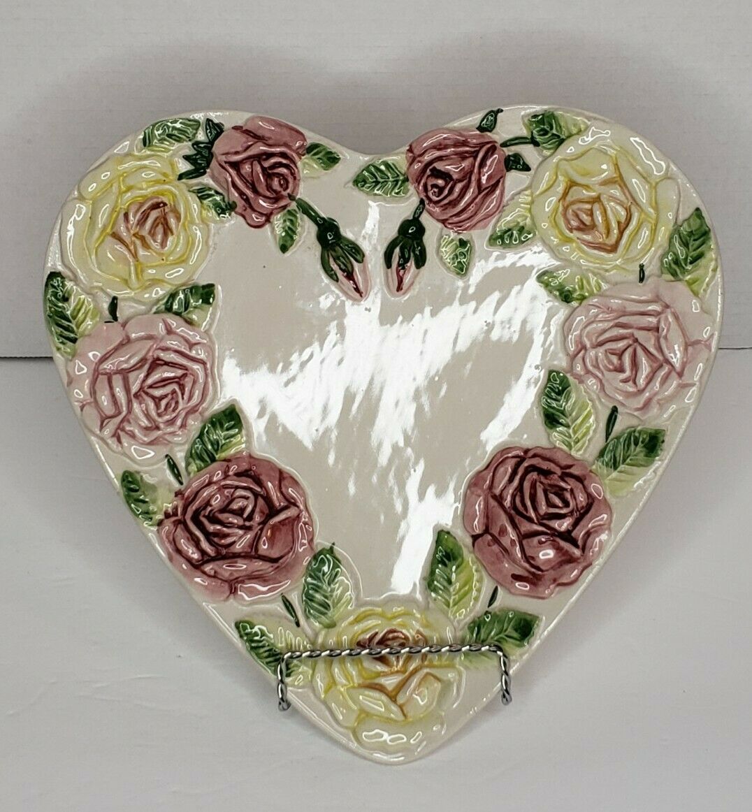 Red Pink Roses Ceramic Heart Shaped Plate Decor/serving Style Made In Portugal