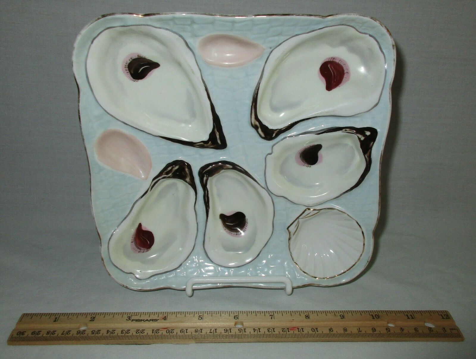 Antique 19th C German Porcelain Majolica Oyster Plate Clam Napkin 5 Wells 0628