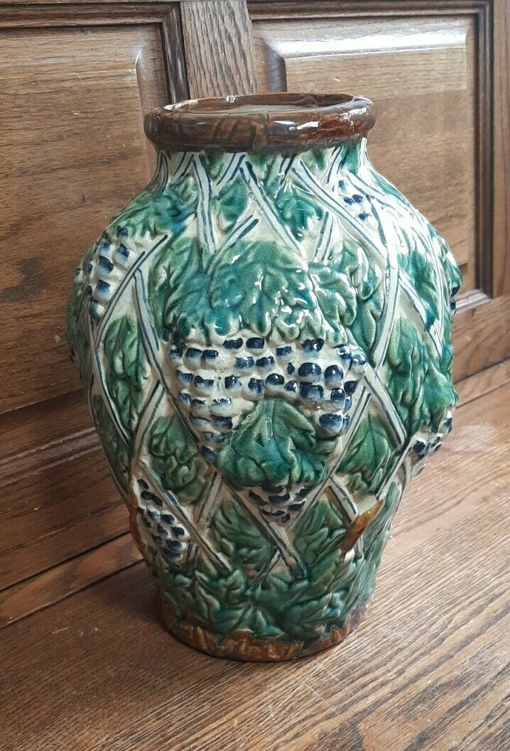 Vintage Grapes Majolica Pottery Vase With Handles 11” Tall