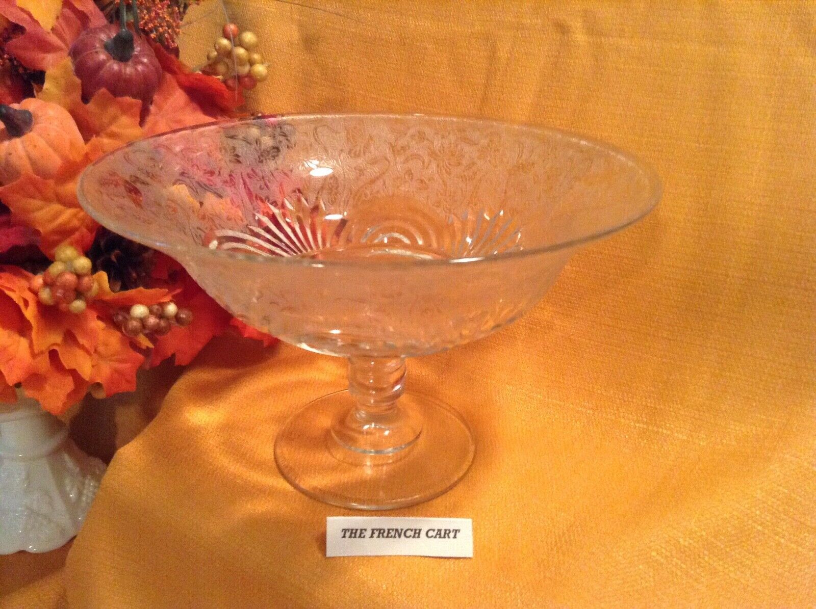 Birds And Butterflies Clear Etched Vintage Glass Compote.  10 1/8" W X 6 1/2" T