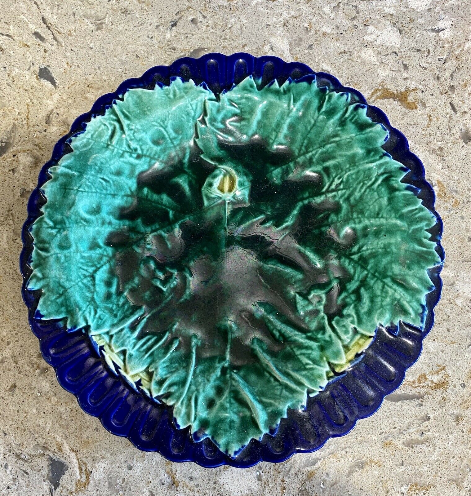 Antique Majolica Plate 8.5” Grape Leaf Cobalt Blue Scalloped Edge Unmarked Nice!