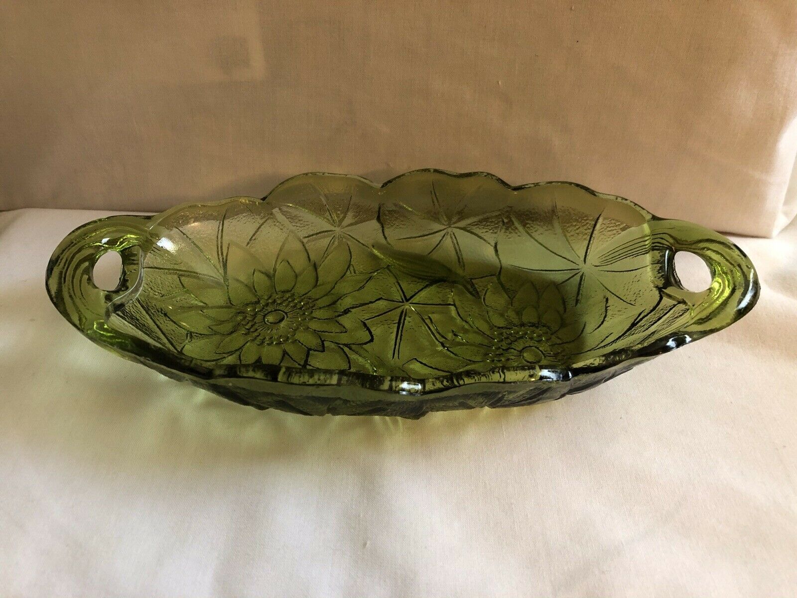 Vintage Green Pressed Glass Sunflower Pattern Relish Dish