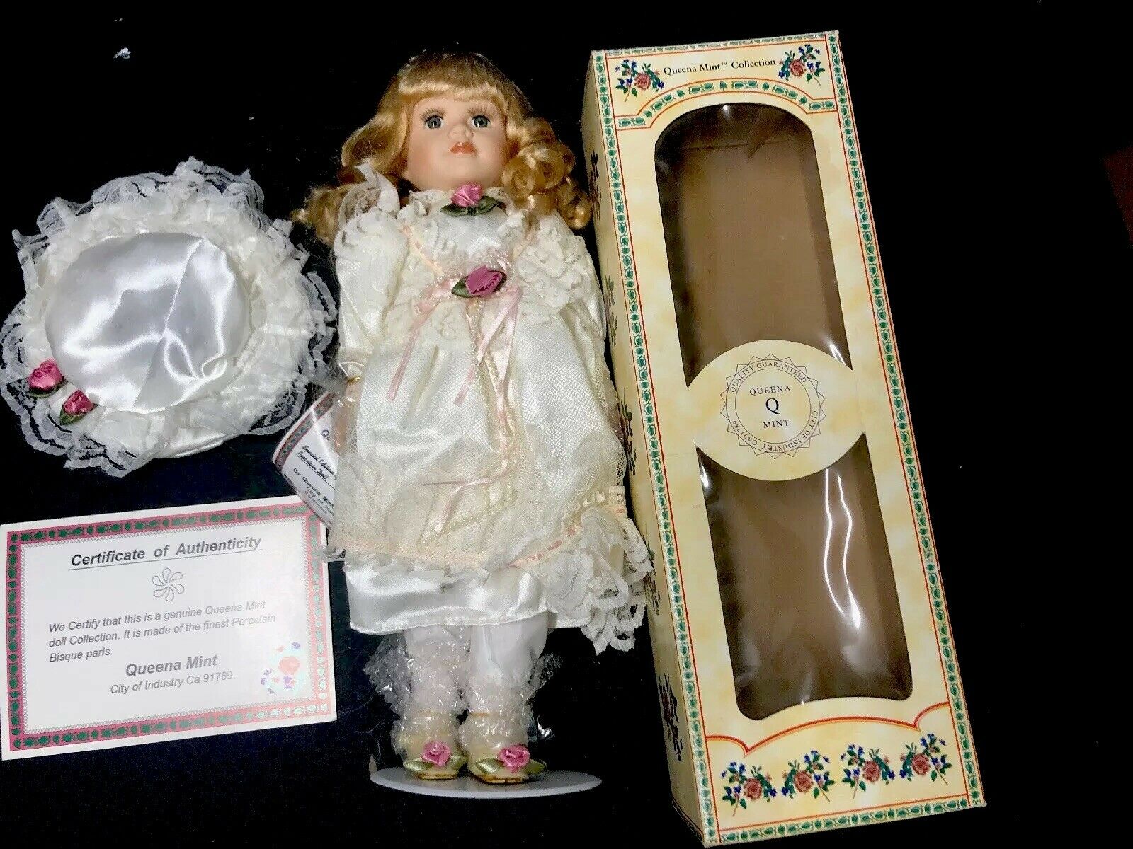 Doll Queena Q New Porcelain Mint Box Stand Certificate Blonde & Dress Hat 16”