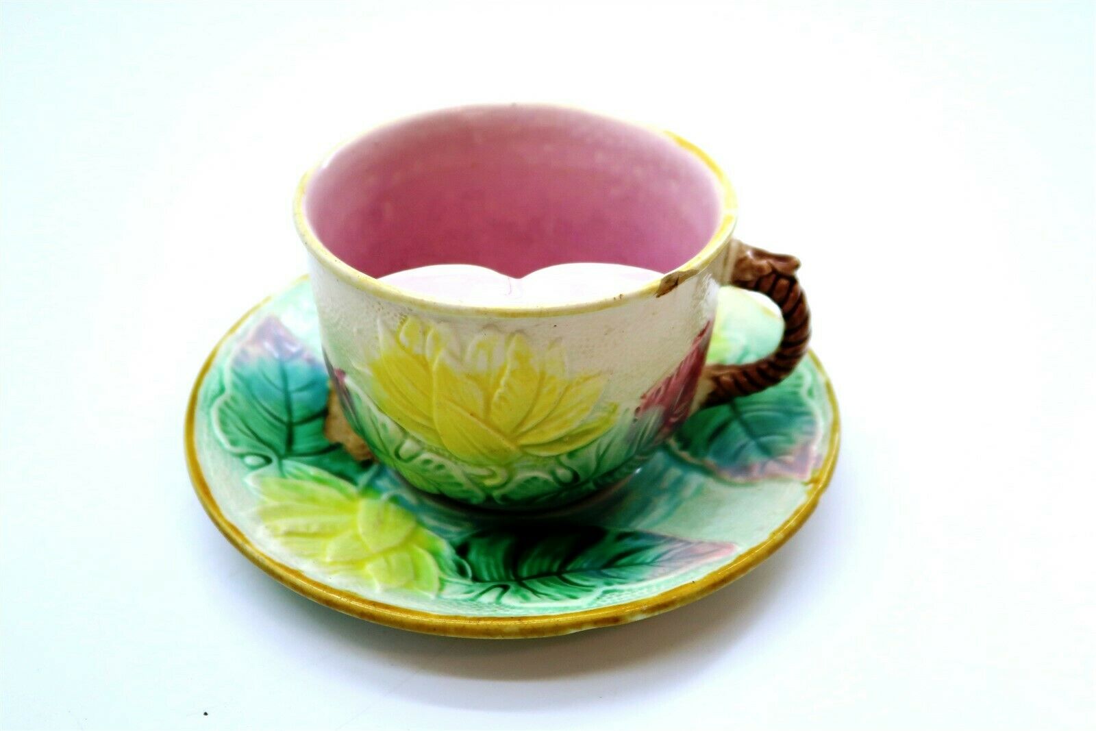 Antique Majolica Shaving Mug Cup With Saucer ~ Multi Leaf Pattern