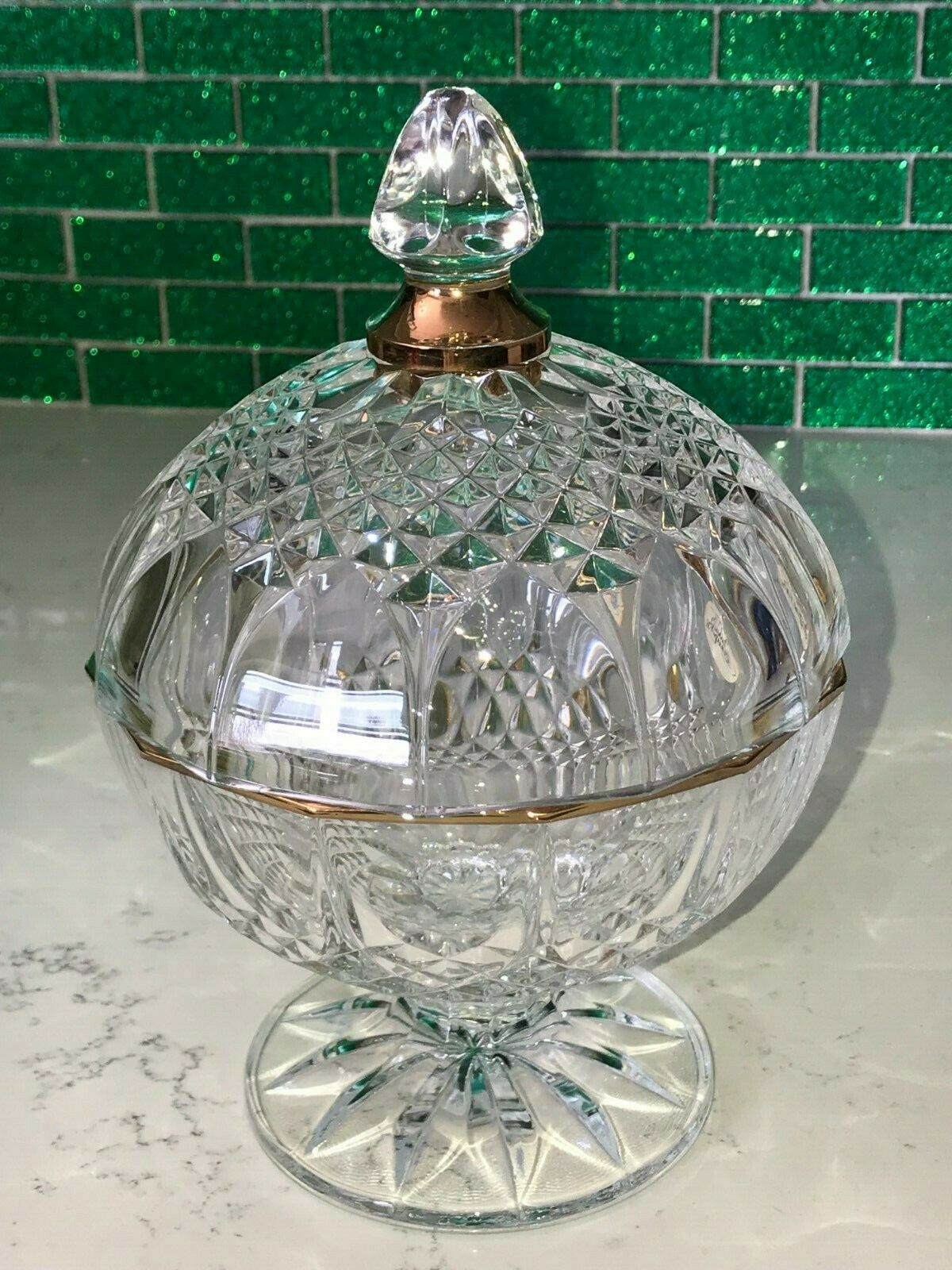 Vtg Crystal Clear Gold Accent Compote Candy Dish W/ Lid Cristal D Arques France