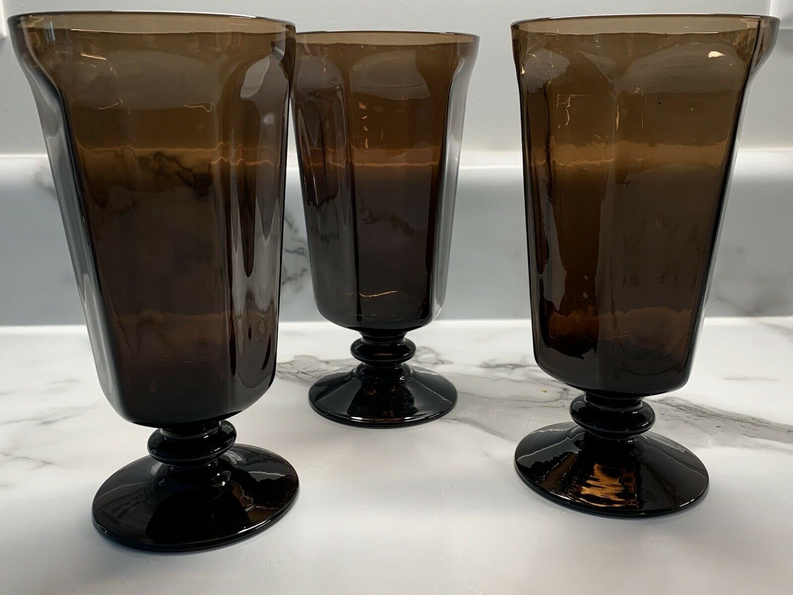 Signed Lenox Amber Brown Wine Drinking Glass Stemmed Goblet Cup Vintage Set Of 3