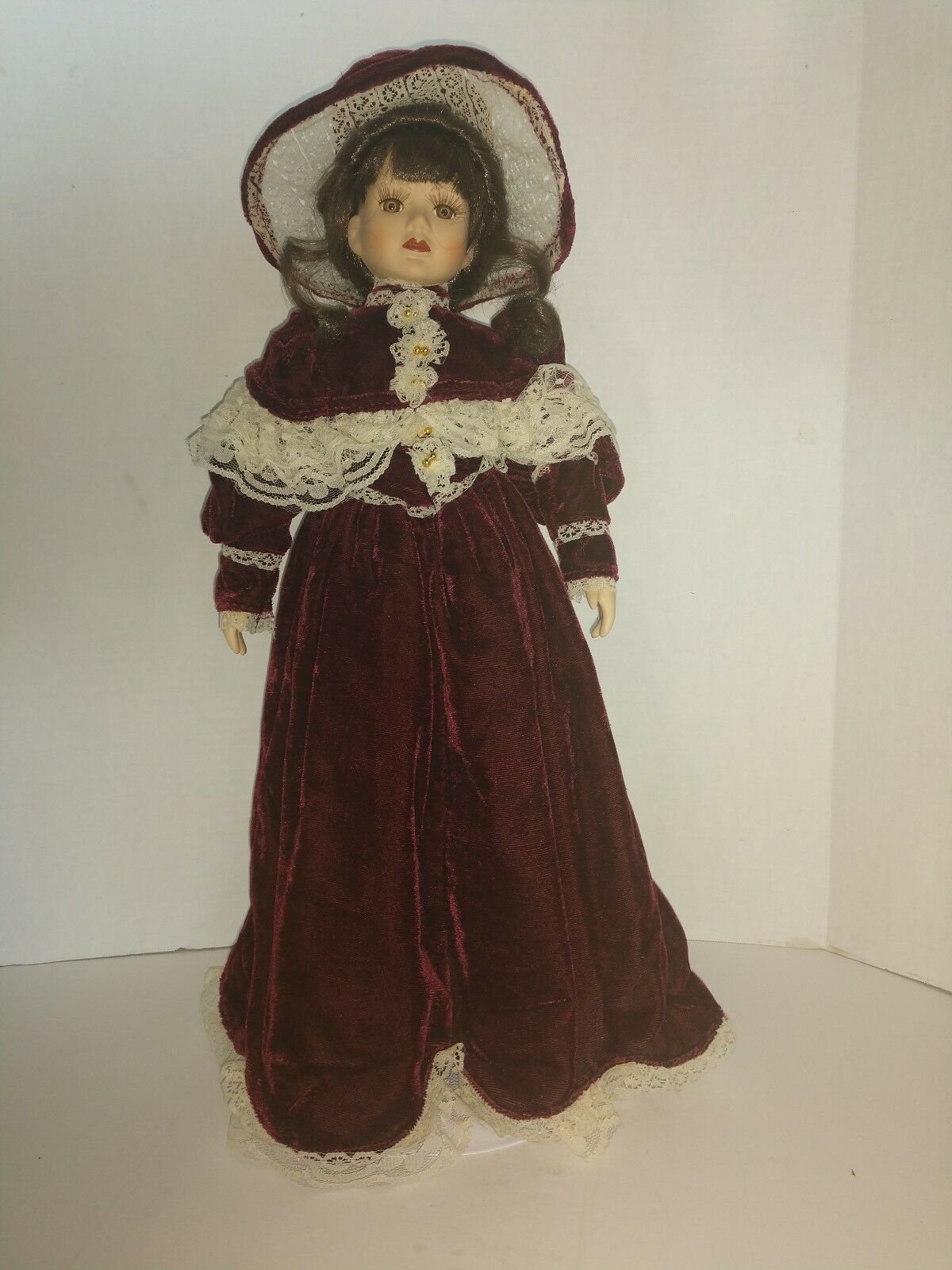Red Velvet Victorian Dressed Pocelain Doll Brown Eyes Lace Trim Dress