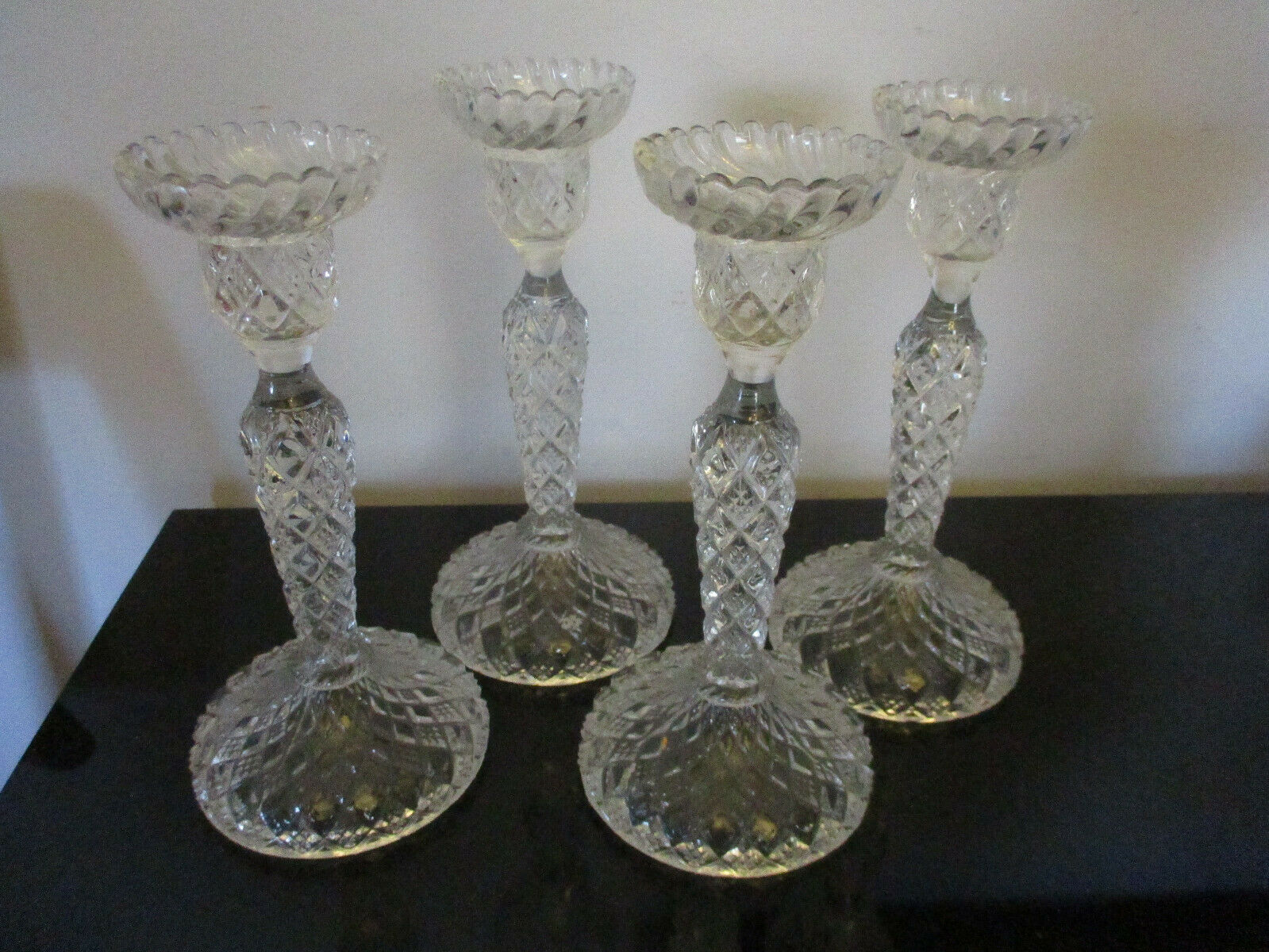 Set 4 Antique Vintage Pressed Pattern Eapg Glass Diamond Candle Stick Holders!